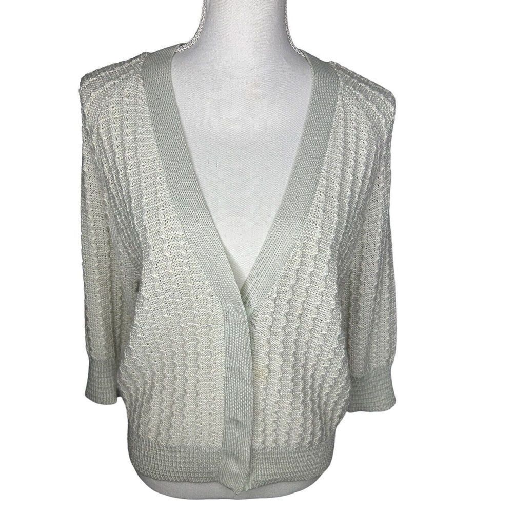 St. John Cream Open-Knit Rib Trim Cardigan